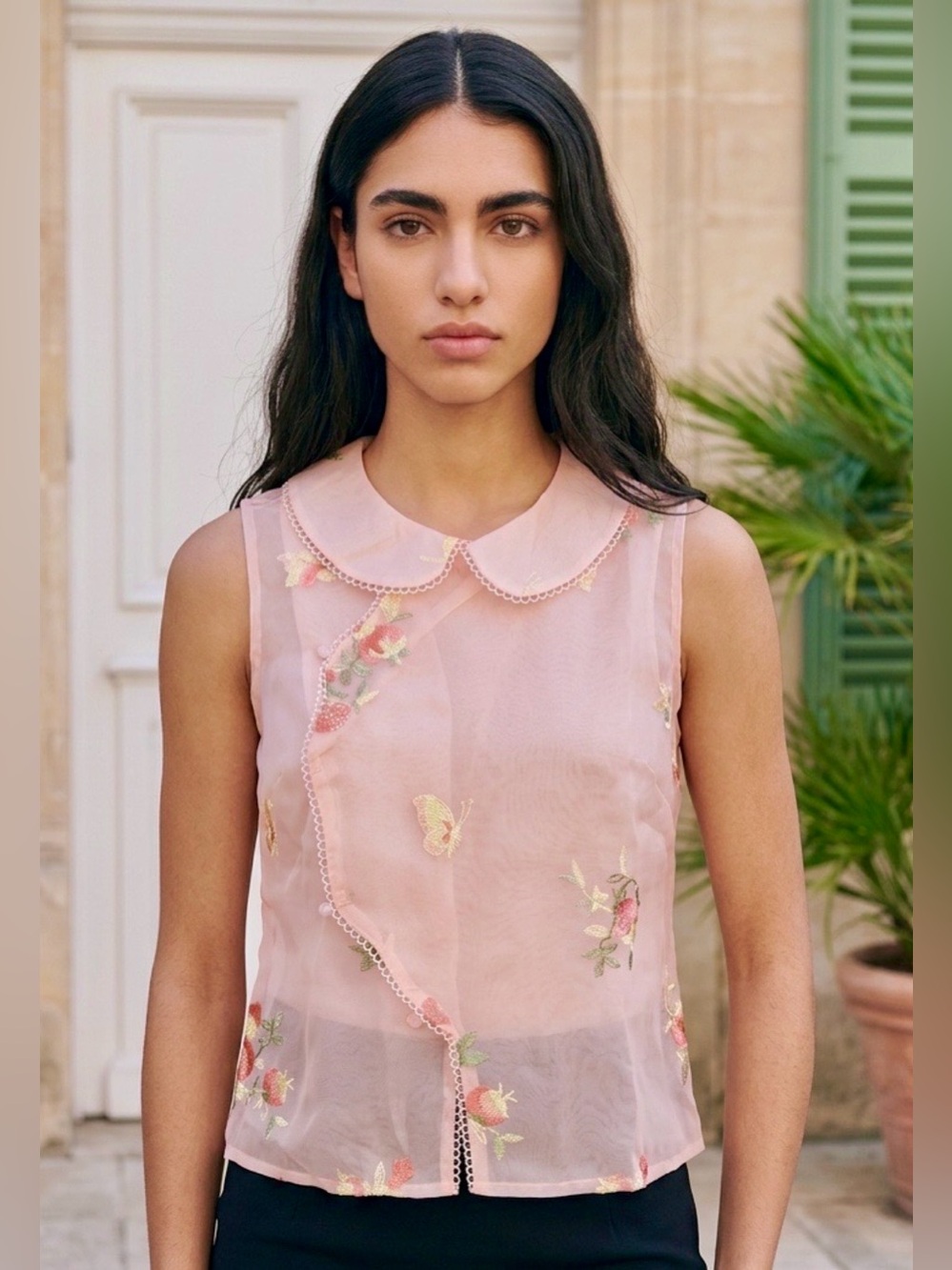 Jiu Bei Woman’s Pink Sleeveless Floral Organza Blouse w/Peter Pan Collar M